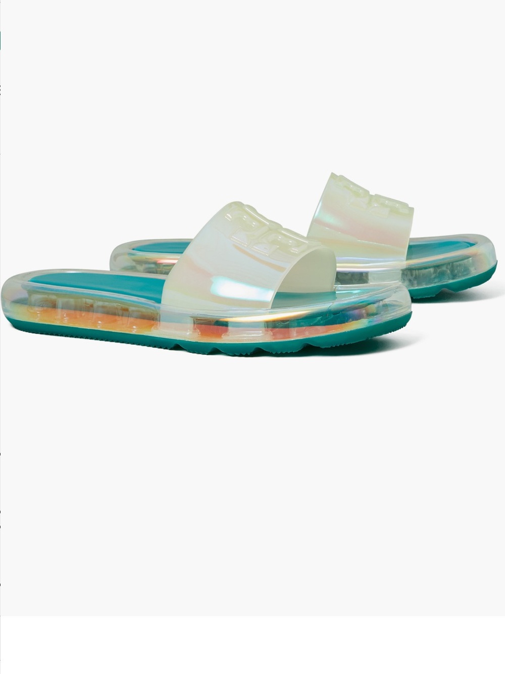 Tory Burch Teal Footbed Iridescent Slide Sandals